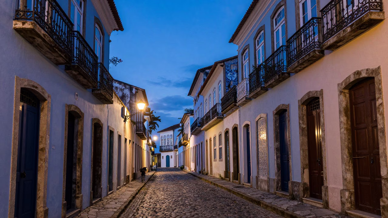Indigo Twilight Street Scene in Salvador Brazil with Broom and Tile Grout Details in in Salvador, Brazil
