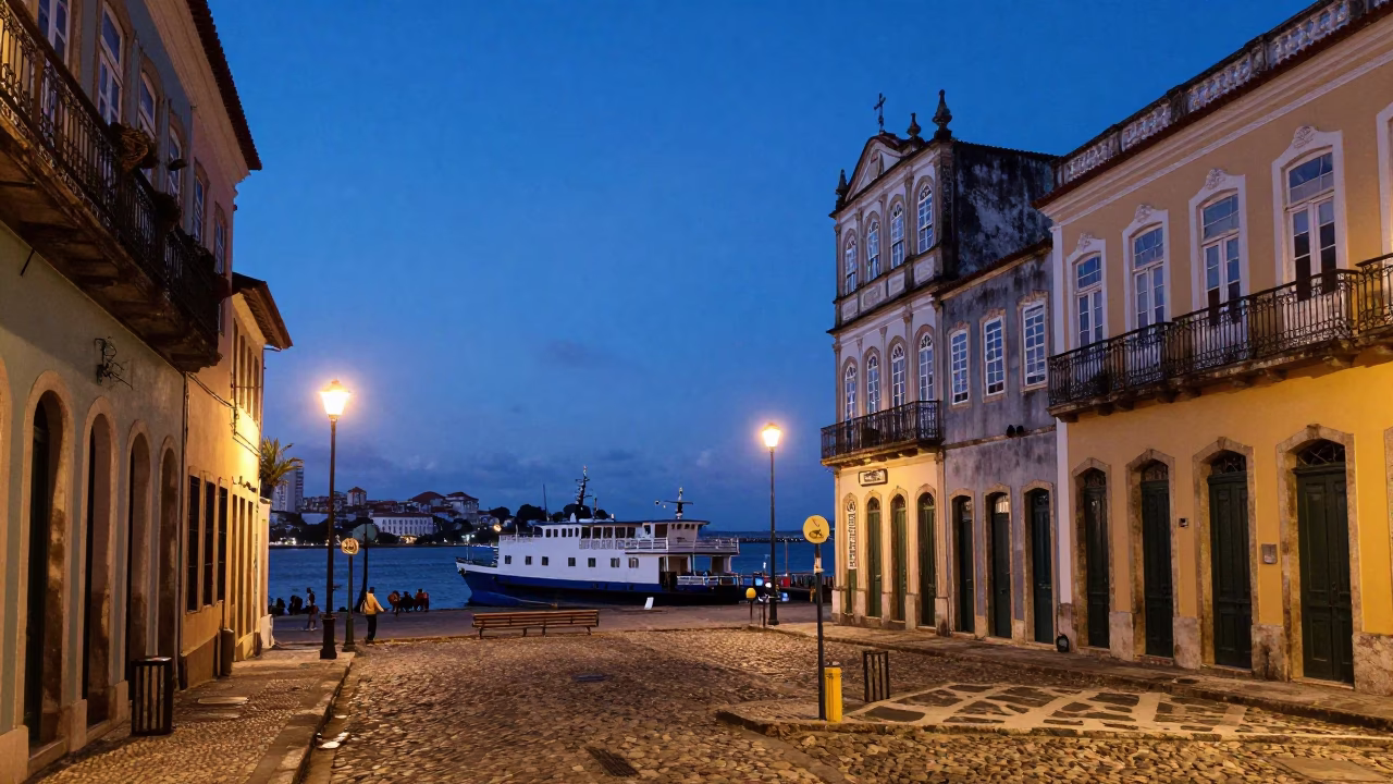 Indigo Twilight Street Scene in Salvador Brazil with Ferry Dock and Bicycles in in Salvador, Brazil