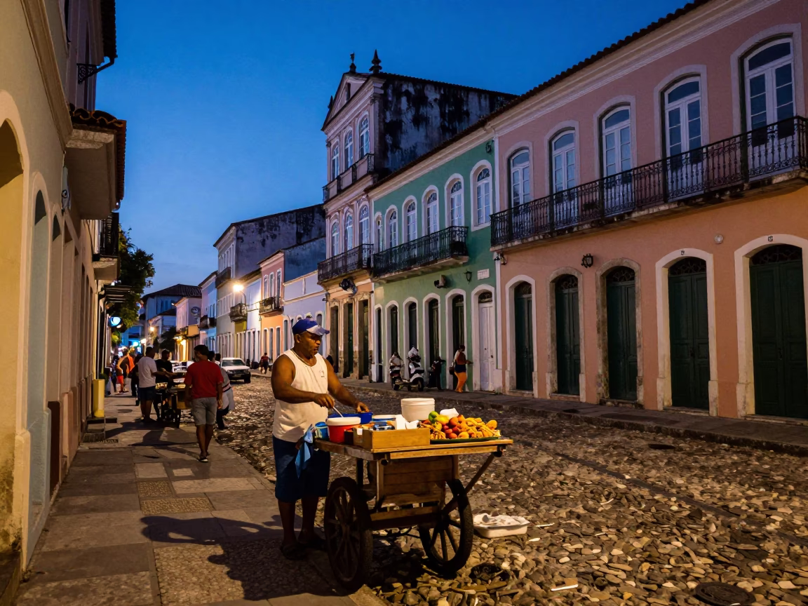 Indigo Twilight Street Scene in Salvador Brazil with Local Vendor and Seashell Decorations in in Salvador, Brazil