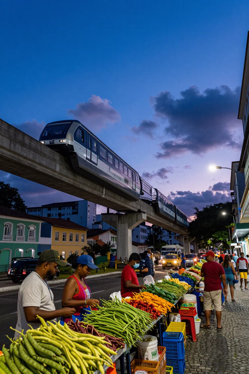 Indigo Twilight Street Scene in Salvador Brazil with Monorail and Local Vendors in in Salvador, Brazil