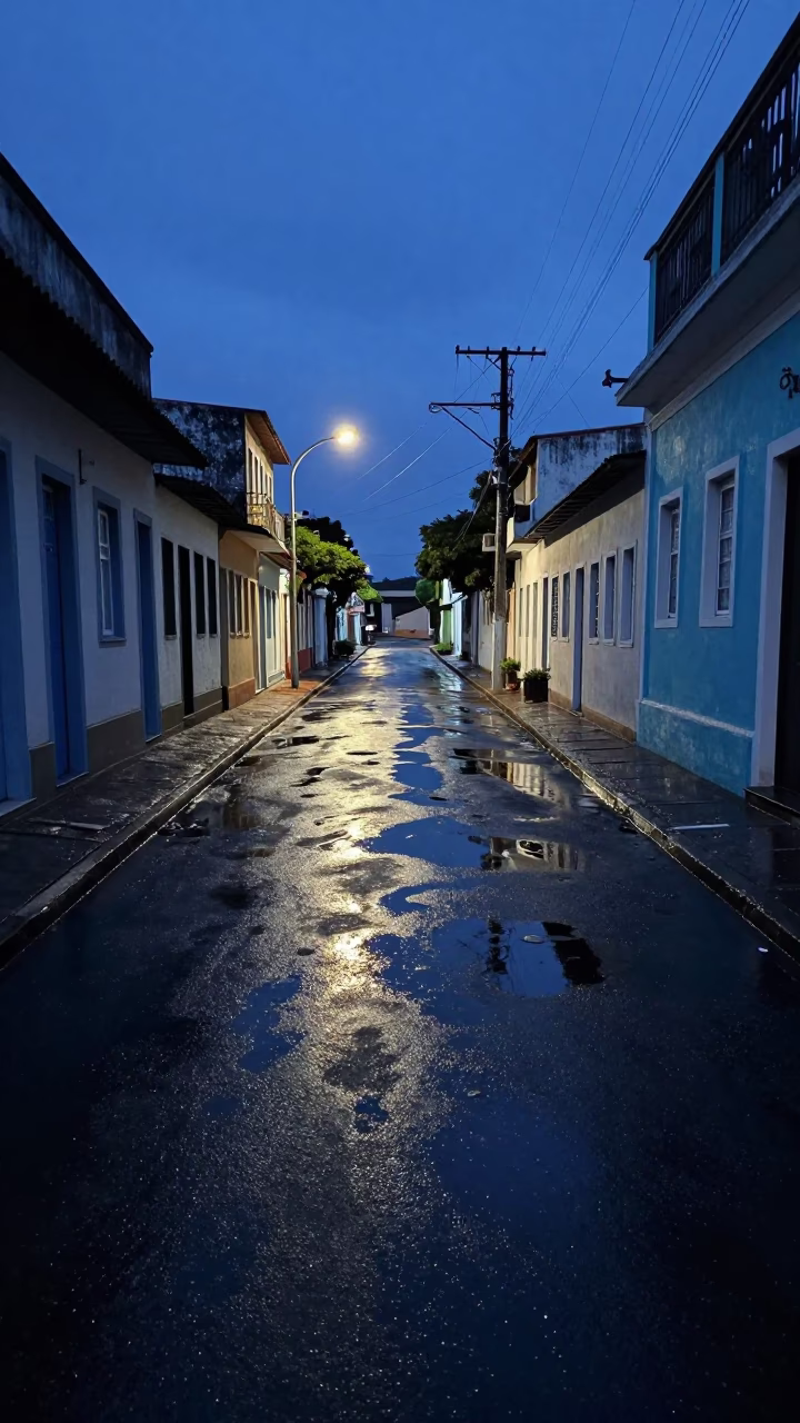 Indigo Twilight Street Scene in Salvador Brazil with Oil-Sheen Puddles and Substation Road in in Salvador, Brazil