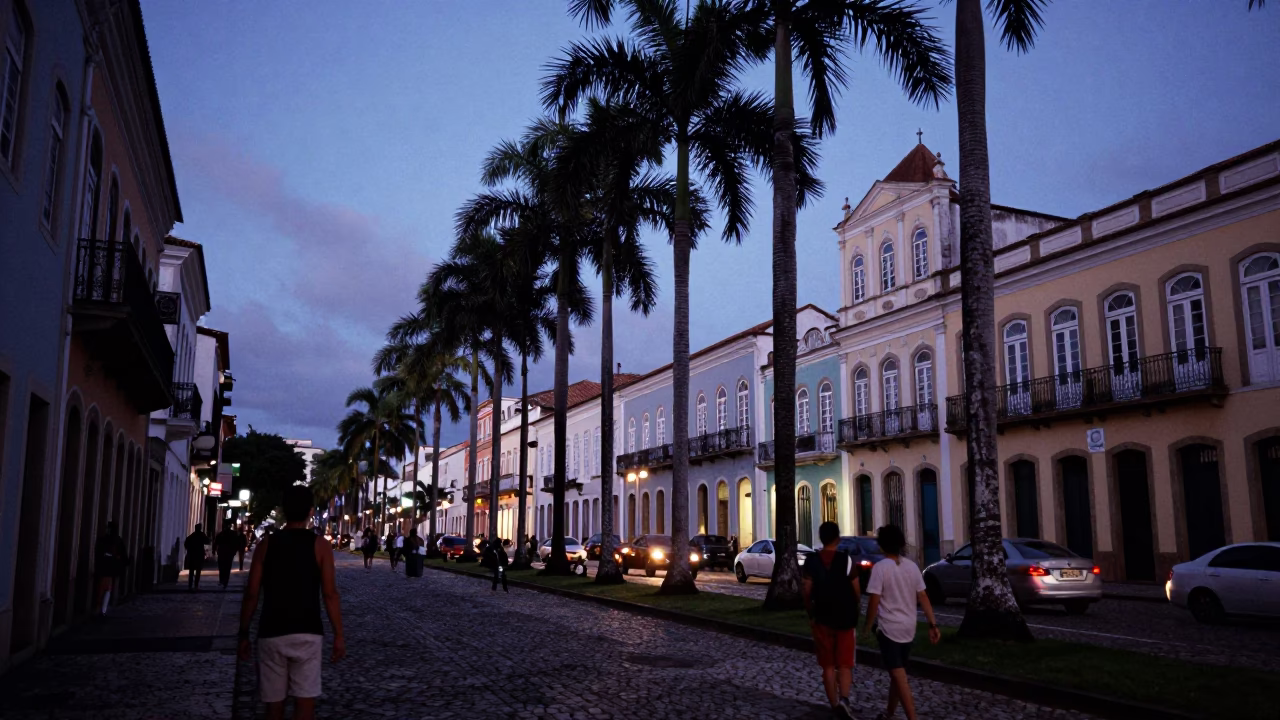Indigo Twilight Street Scene in Salvador Brazil with Palm Trees and Cobblestone in in Salvador, Brazil