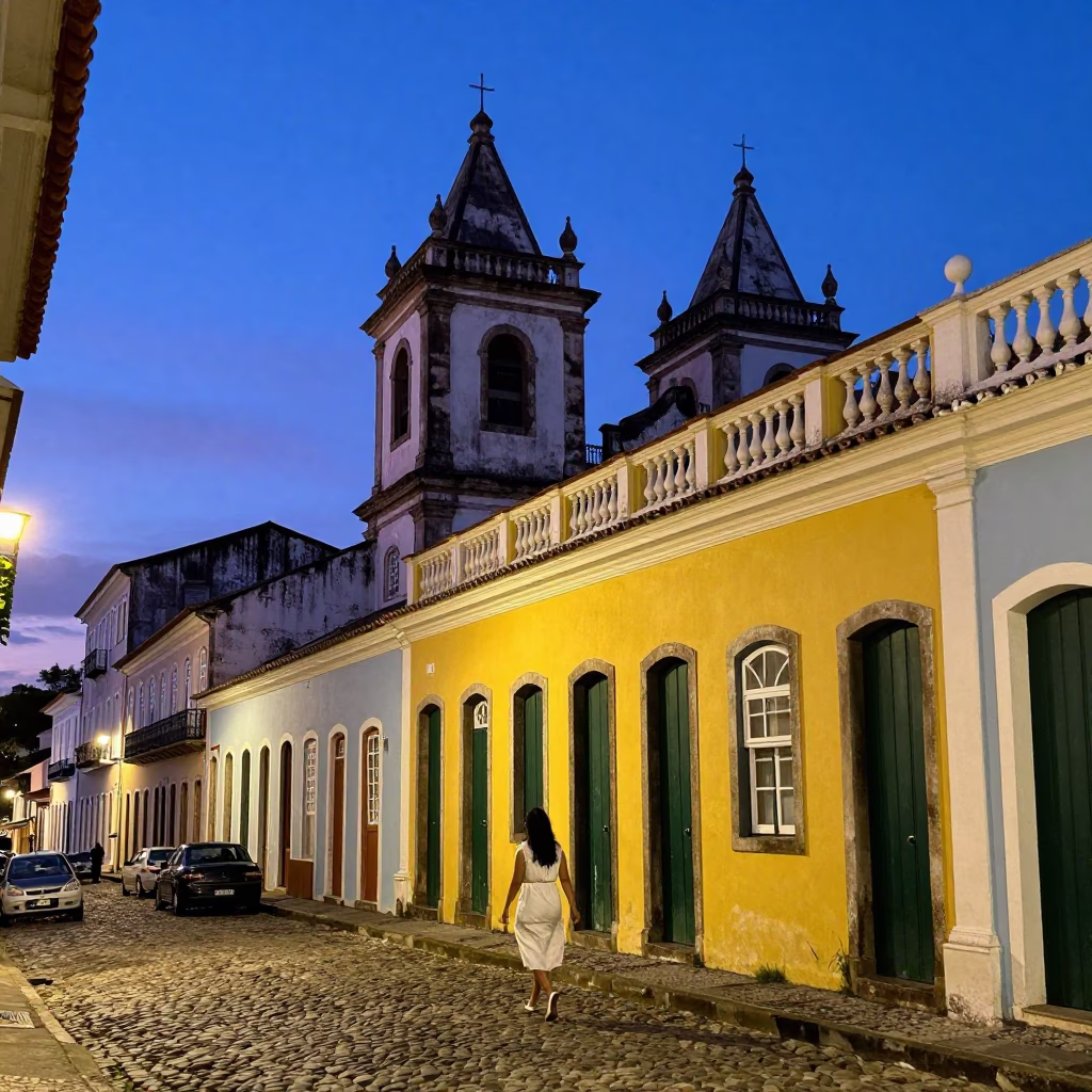 Indigo Twilight Street Scene in Salvador Brazil with Traditional Architecture and Local Life in in Salvador, Brazil