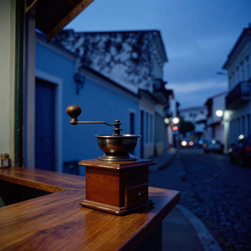 Indigo Twilight Street Scene in Salvador Brazil with Vintage Coffee Grinder and Wall Shelf in in Salvador, Brazil