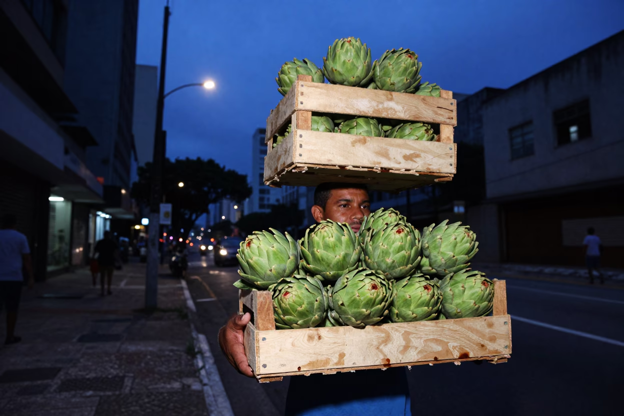 Indigo Twilight Street Scene in São Paulo Brazil with Artichokes and Urban Life in in São Paulo, Brazil