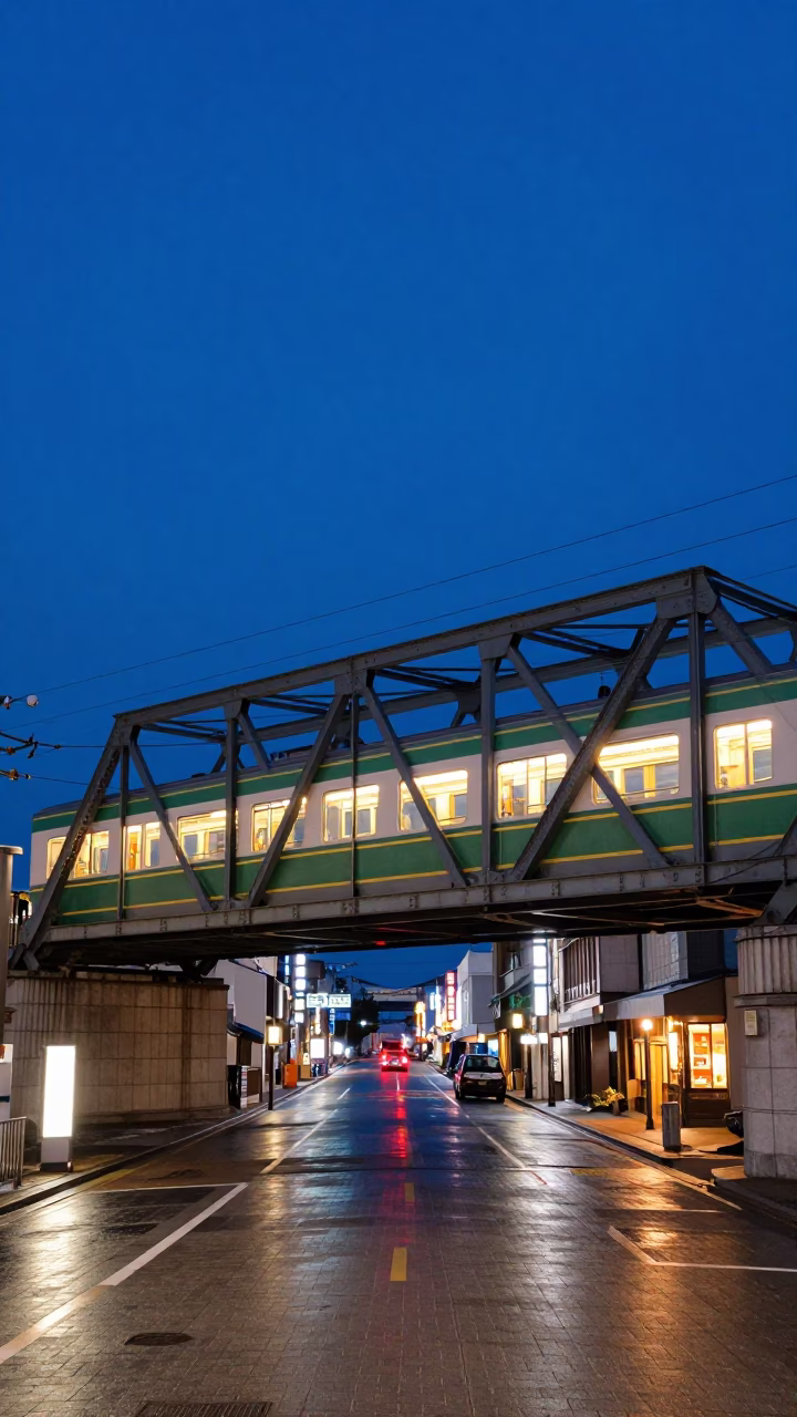 Indigo Twilight Street Scene in Sapporo Japan with Commuter Train Bridge and Neon Reflections in in Sapporo, Japan