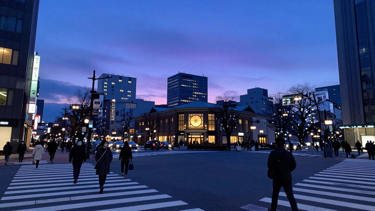 Indigo Twilight Street Scene in Sapporo Japan with Pedestrians and Urban Lighting in in Sapporo, Japan