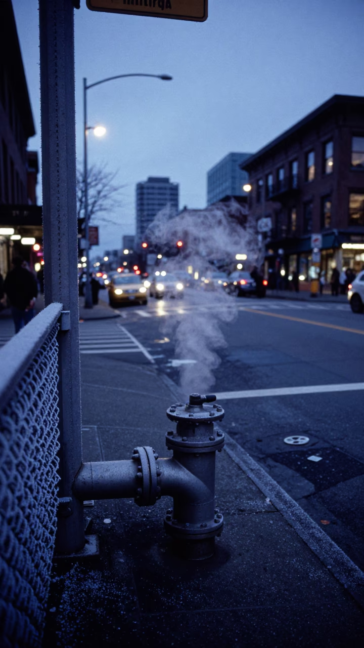 Indigo Twilight Street Scene in Seattle Washington with Steaming District Heating Pipes in in Seattle, Washington, United States