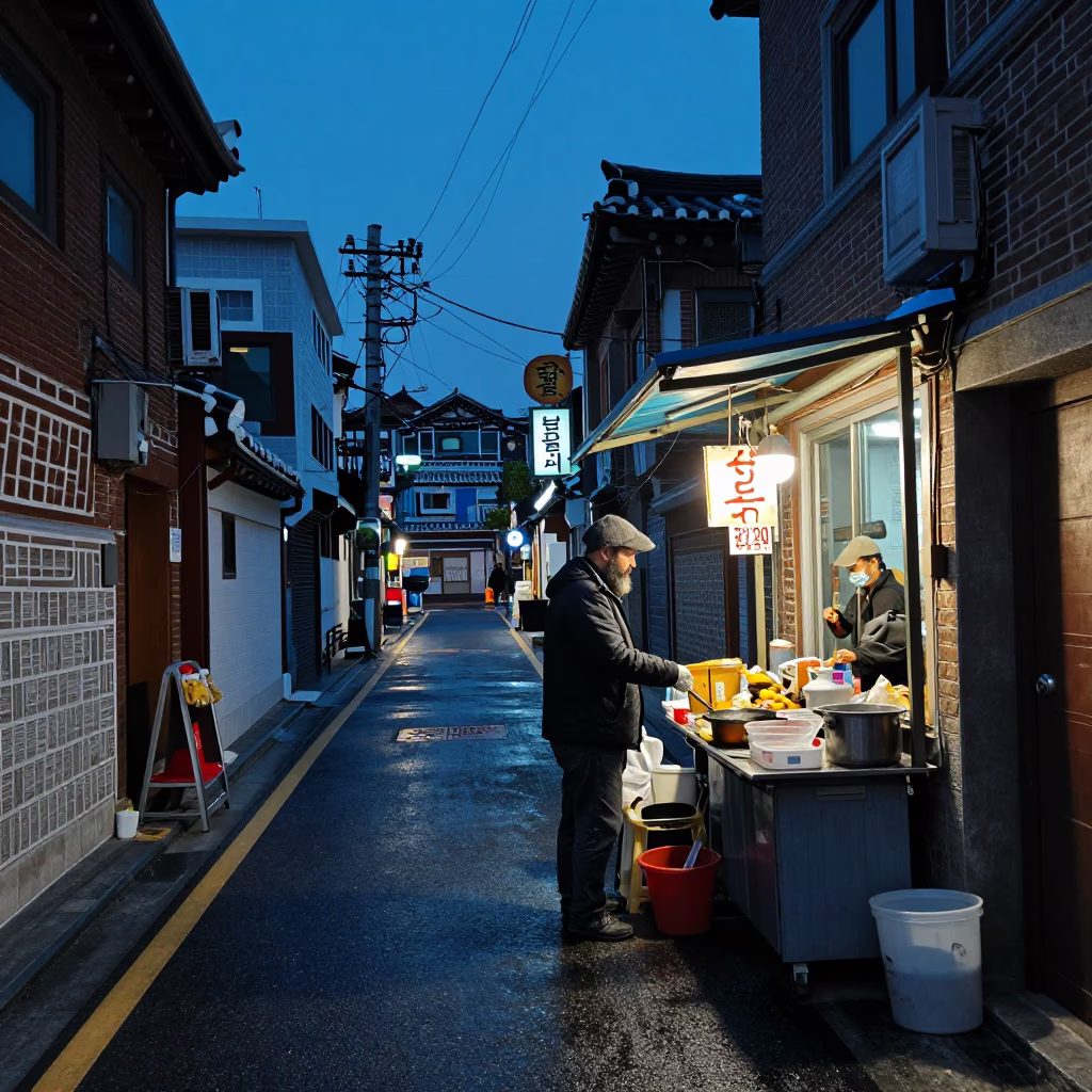 Indigo Twilight Street Scene in Seoul with Bearded Man and Fruit Tarts in in Seoul, South Korea