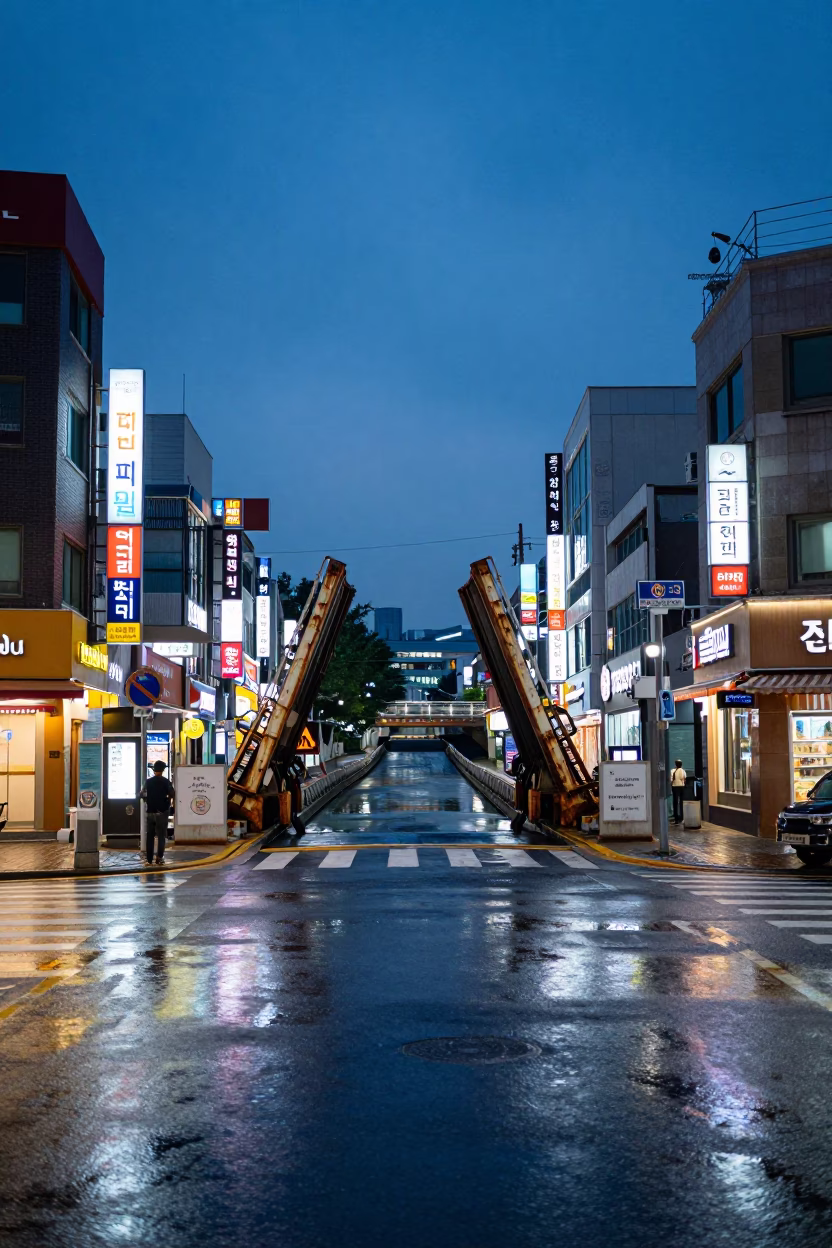 Indigo Twilight Street Scene in Seoul with Neon Signs and Rusted Drawbridge in in Seoul, South Korea