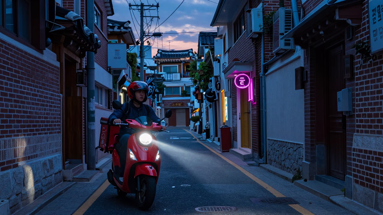 Indigo Twilight Street Scene in Seoul with Scooter and Neon Signs in in Seoul, South Korea