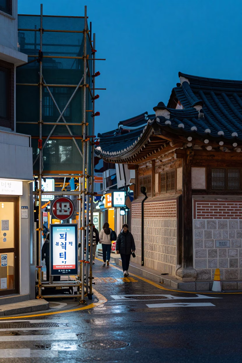 Indigo Twilight Street Scene in Seoul with Vintage Scaffolding and Neon Signs in in Seoul, South Korea