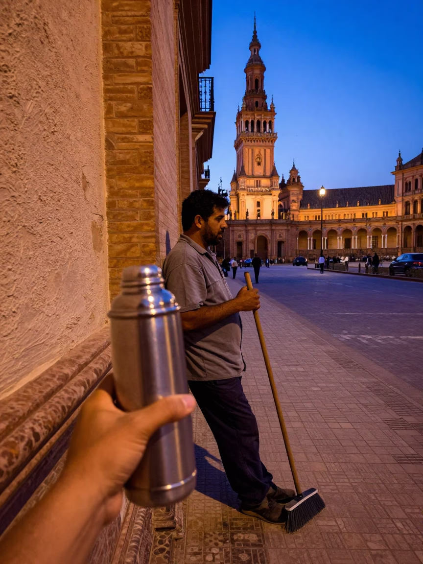 Indigo Twilight Street Scene in Seville Spain with Thermos and Hand Broom in in Seville, Spain