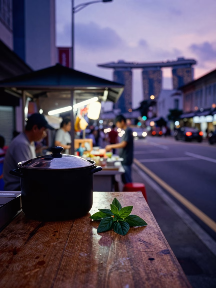 Indigo Twilight Street Scene in Singapore with Basil Leaves and Cooking Pot in in Singapore, Singapore