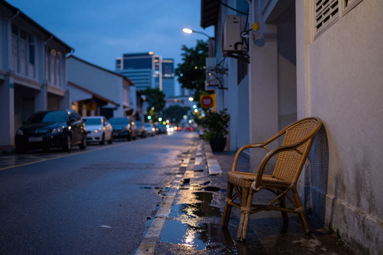 Indigo Twilight Street Scene in Singapore with Substation Road and Rattan Chair in in Singapore, Singapore