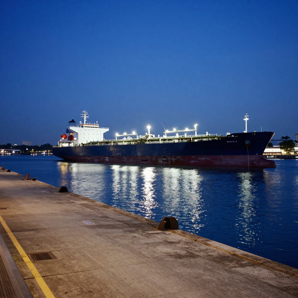 Indigo Twilight Street Scene in Singapore with Tanker Ship and Local Market Activity in in Singapore, Singapore
