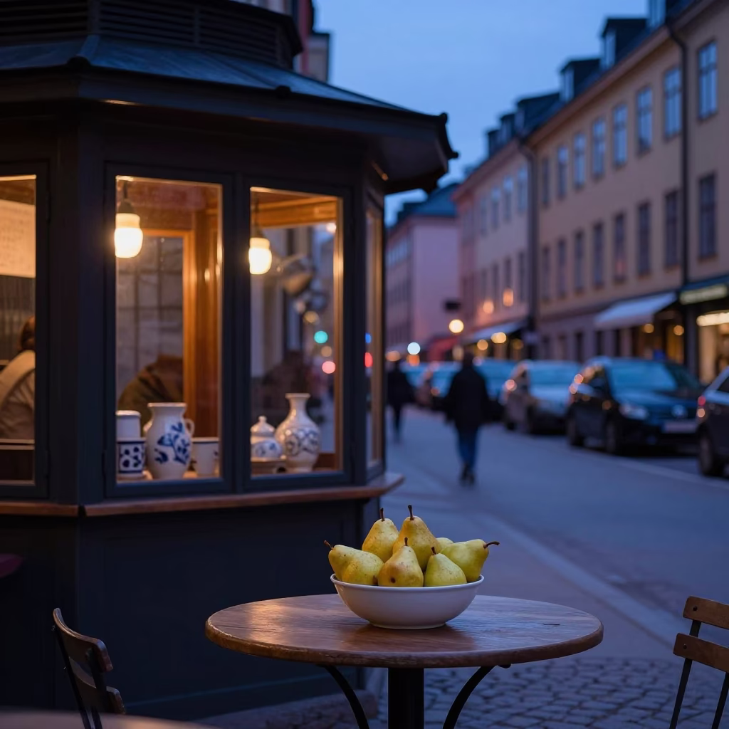 Indigo Twilight Street Scene in Stockholm Sweden with Pears and Ceramics in in Stockholm, Sweden
