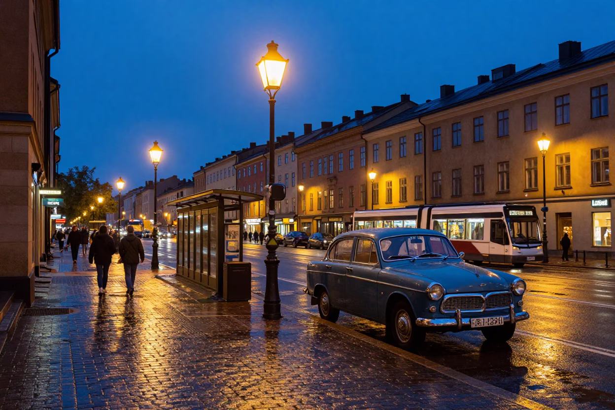 Indigo Twilight Street Scene in Stockholm Sweden with Vintage 1960s Elements in in Stockholm, Sweden