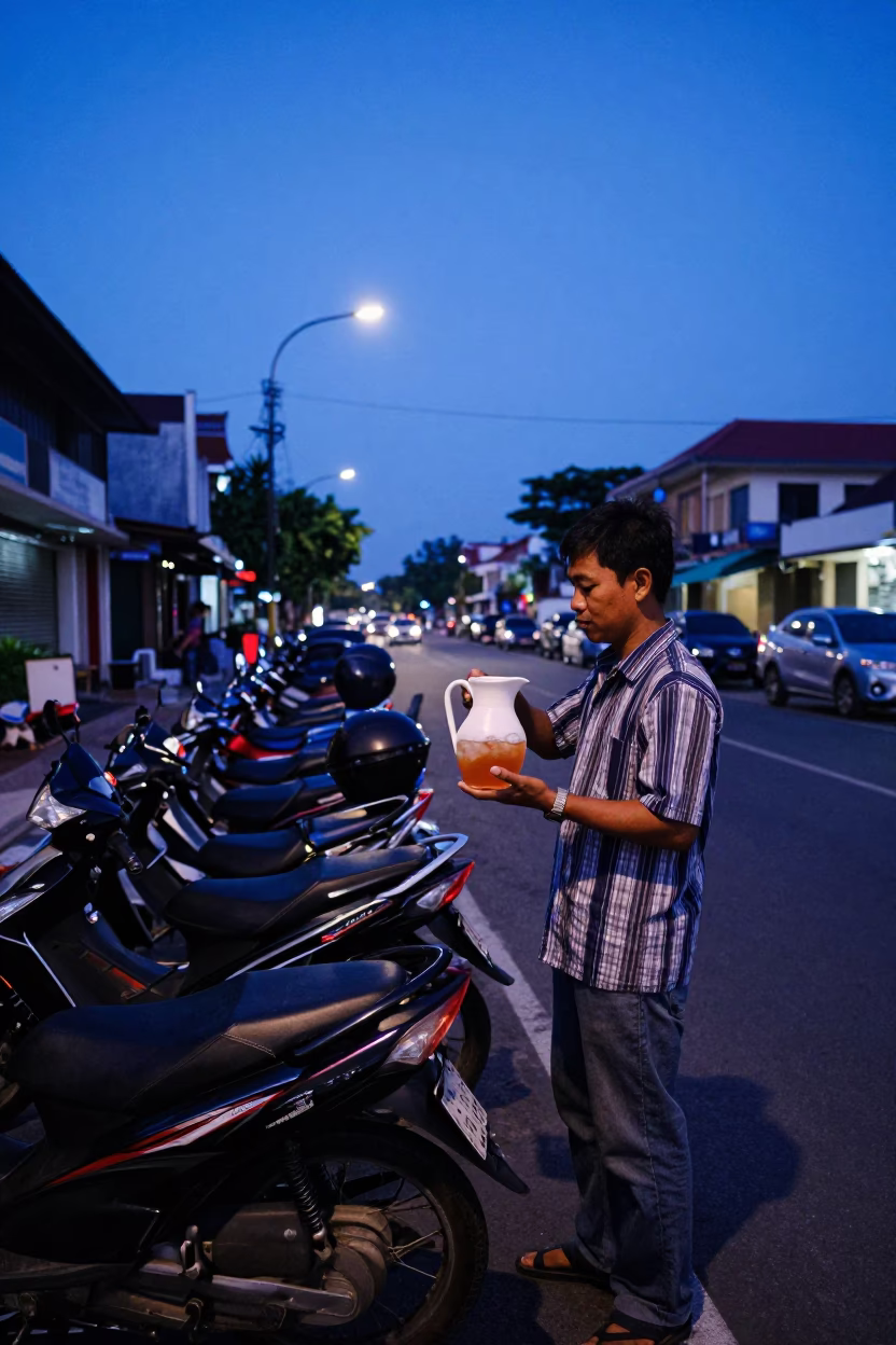 Indigo Twilight Street Scene in Surabaya Indonesia with Ceramic Pitcher and Umbrellas in in Surabaya, Indonesia