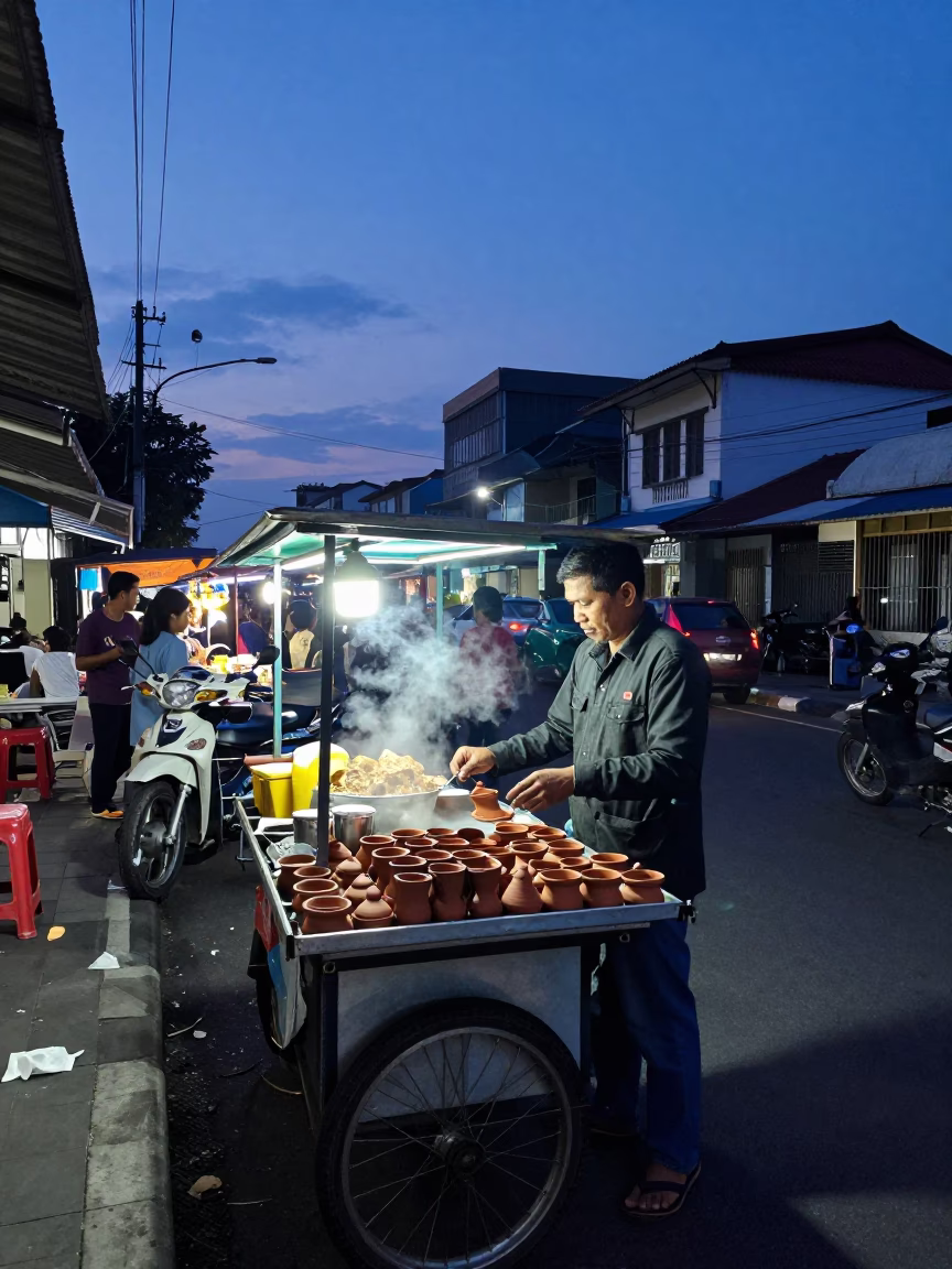 Indigo Twilight Street Scene in Surabaya Indonesia with Local Food Vendor in in Surabaya, Indonesia