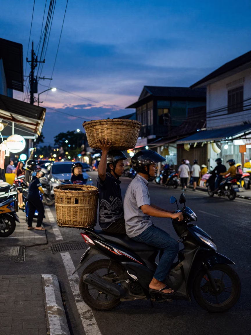 Indigo Twilight Street Scene in Surabaya Indonesia with Scooter and Local Basket in in Surabaya, Indonesia