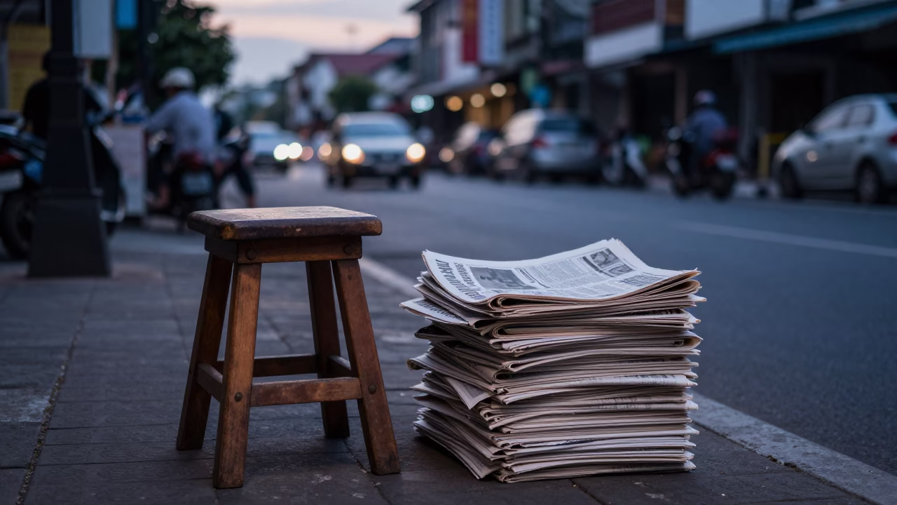 Indigo Twilight Street Scene in Surabaya Indonesia with Stool and Newspaper Stack in in Surabaya, Indonesia