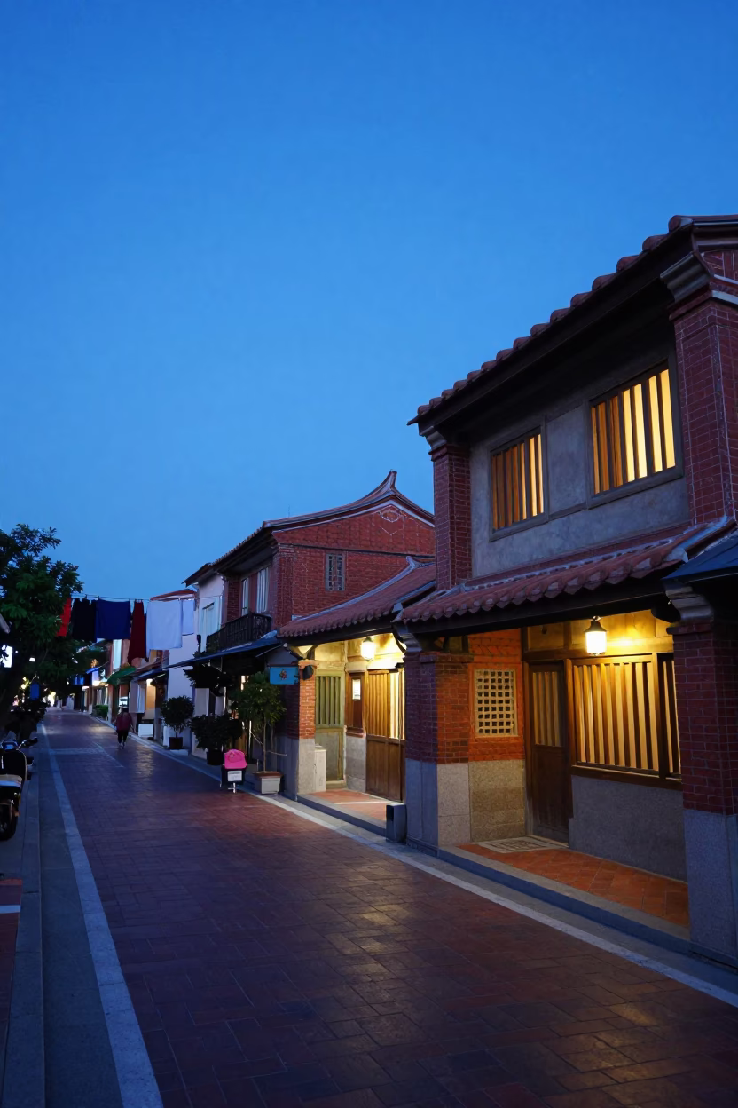 Indigo Twilight Street Scene in Tainan Taiwan with Hanging Laundry and Wet Cobblestones in in Tainan, Taiwan
