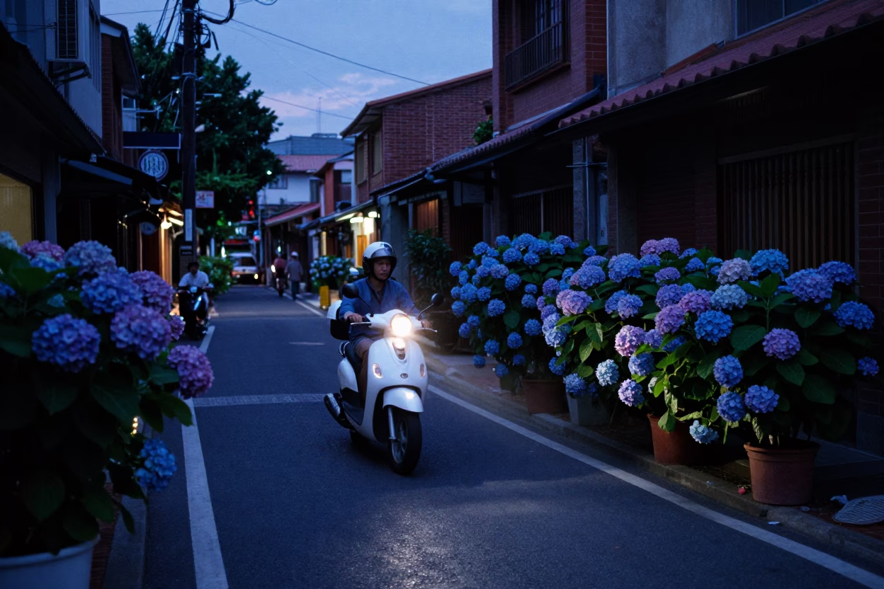 Indigo Twilight Street Scene in Tainan Taiwan with Scooter and Hydrangea Bush in in Tainan, Taiwan