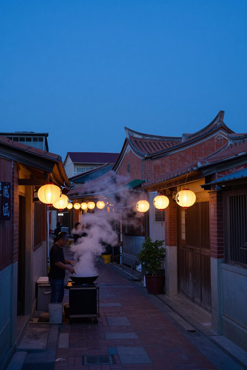 Indigo Twilight Street Scene in Tainan Taiwan with Steam and Lanterns in in Tainan, Taiwan