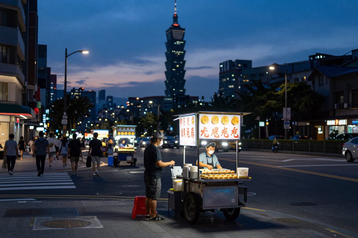 Indigo Twilight Street Scene in Taipei Taiwan with Takoyaki Vendor in in Taipei, Taiwan
