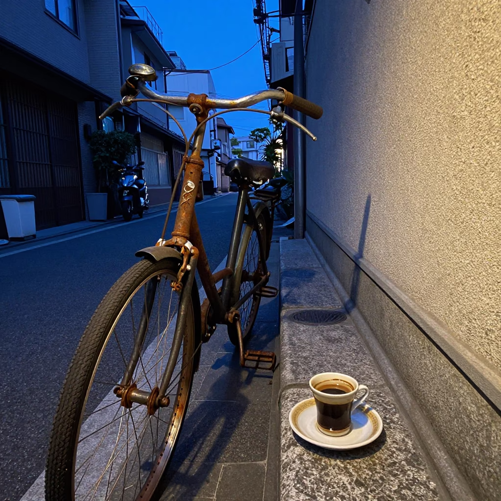 Indigo Twilight Street Scene in Tokyo Featuring Rusty Bicycle and Coffee Cup in in Tokyo, Japan
