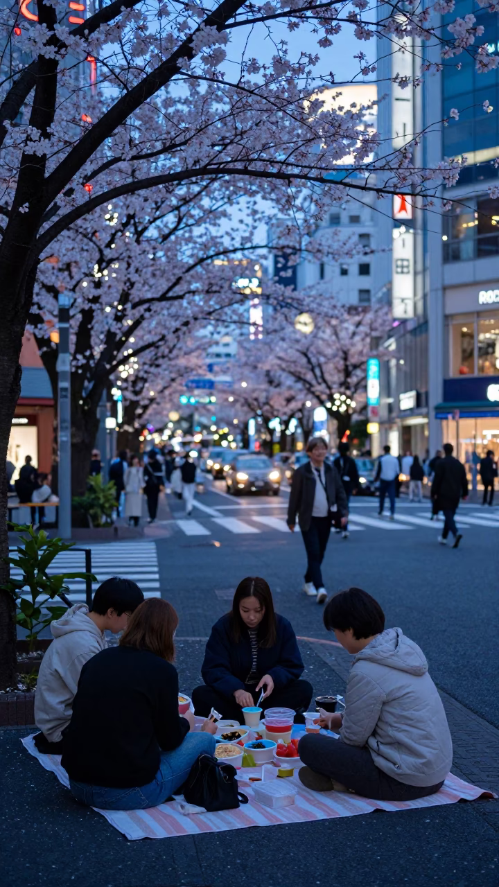 Indigo Twilight Street Scene in Tokyo Japan with Cherry Blossom Picnic and Urban Life in in Tokyo, Japan