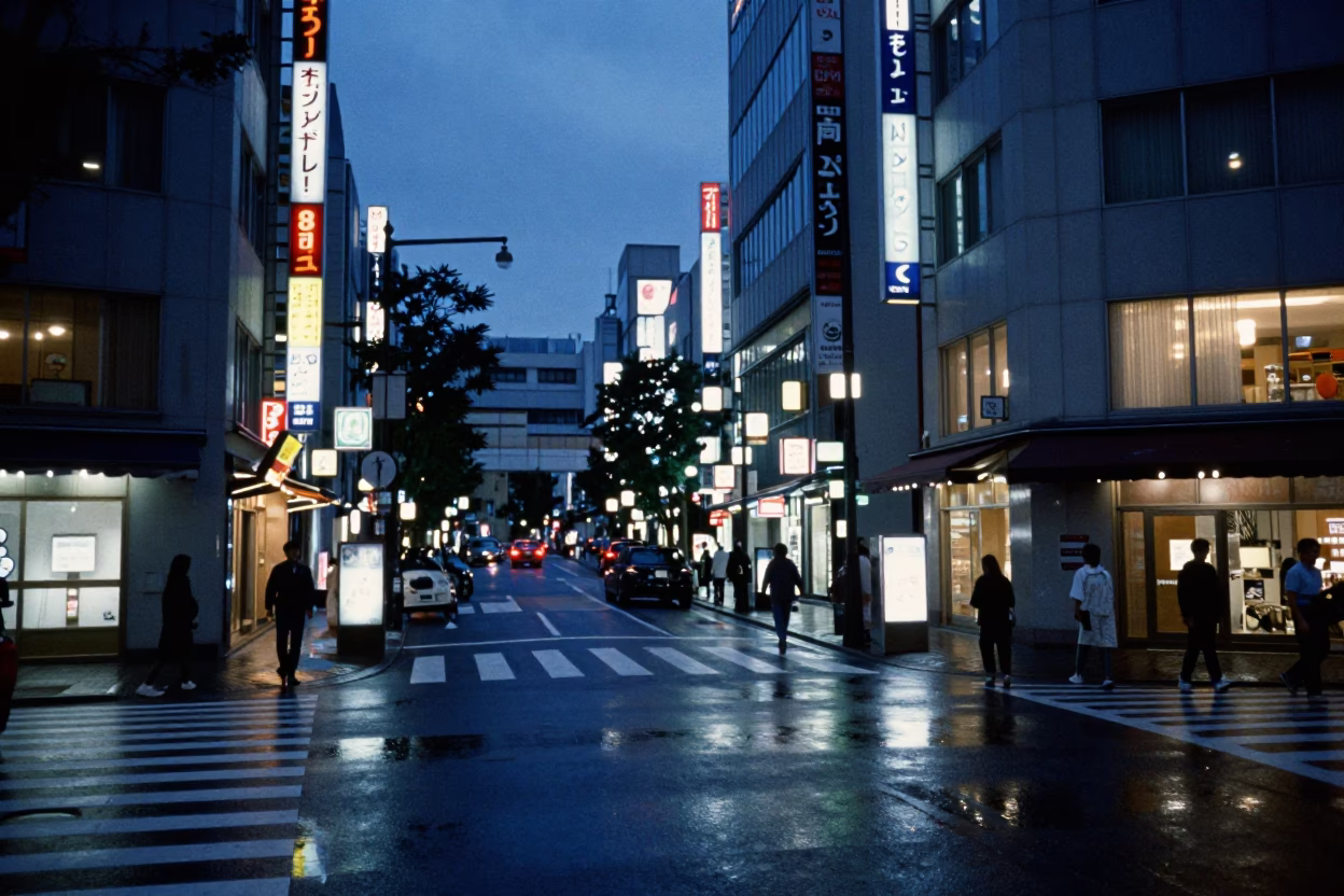 Indigo Twilight Street Scene in Tokyo Japan with Window Light and Casual Pedestrian Interaction in in Tokyo, Japan