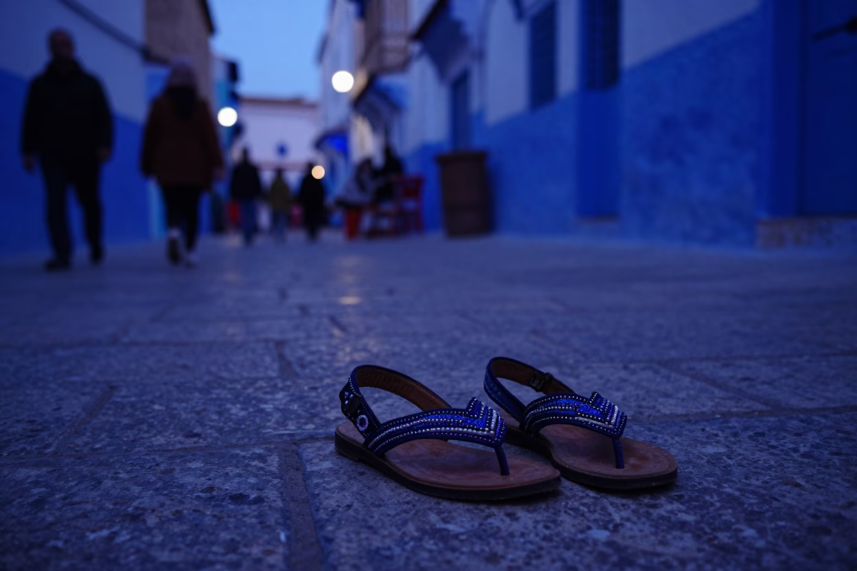 Indigo Twilight Street Scene in Tunis Tunisia with Beaded Sandals and Zinnias in in Tunis, Tunisia