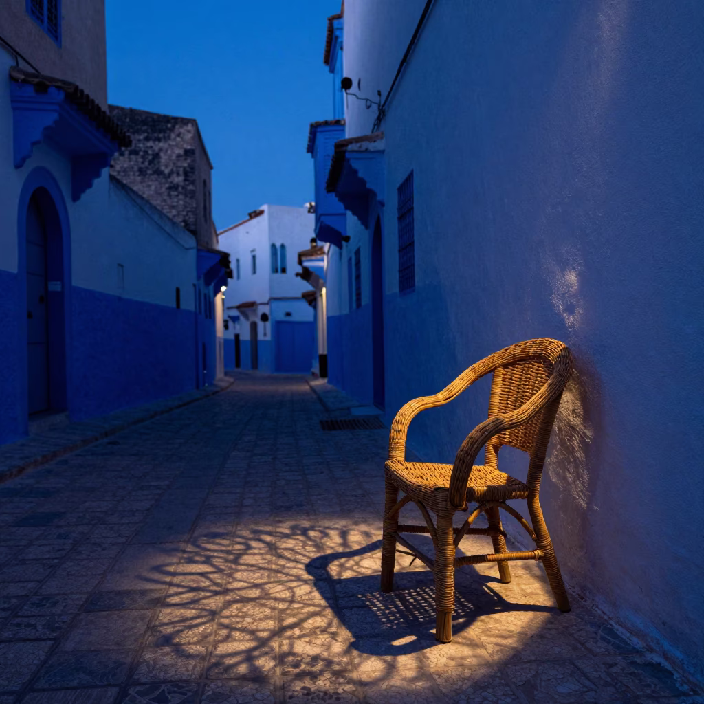 Indigo Twilight Street Scene in Tunis Tunisia with Wicker Shadow on Tile Grout in in Tunis, Tunisia