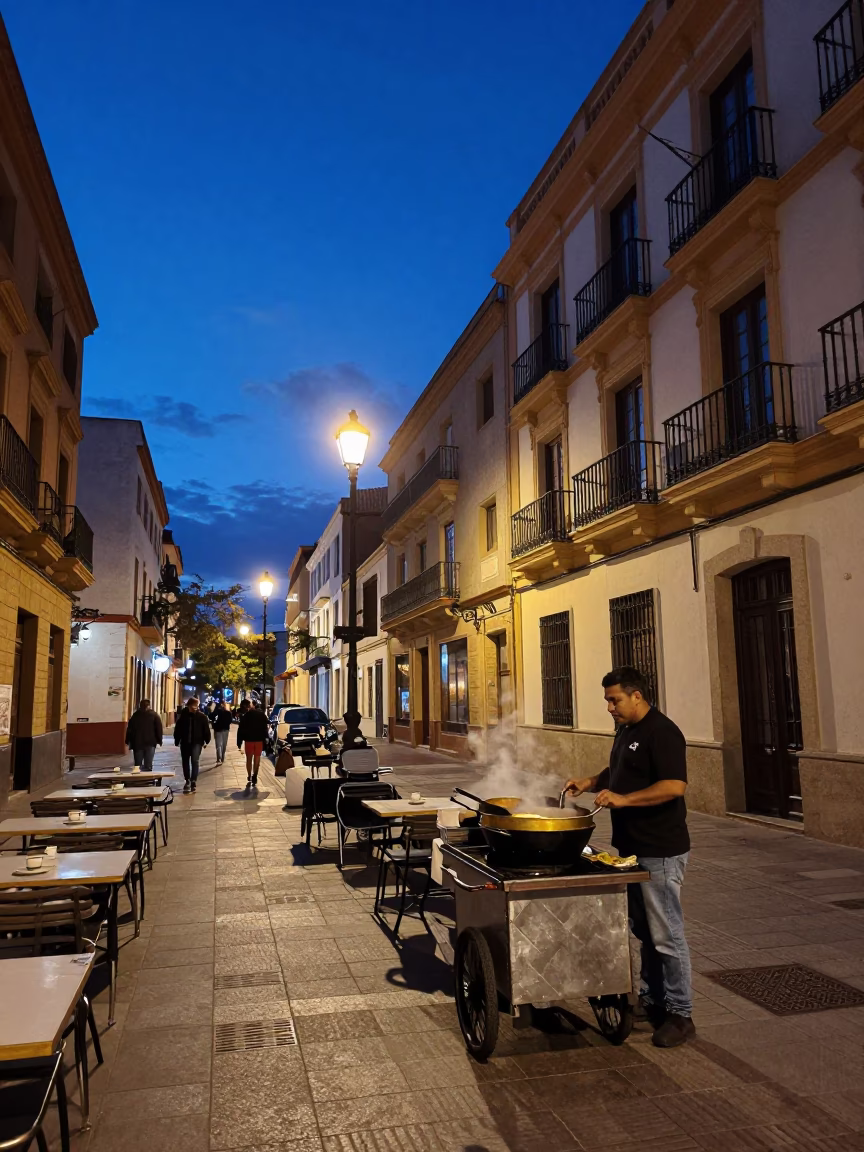 Indigo Twilight Street Scene in Valencia Spain with Cooking Pot and Glass Tumbler in in Valencia, Spain