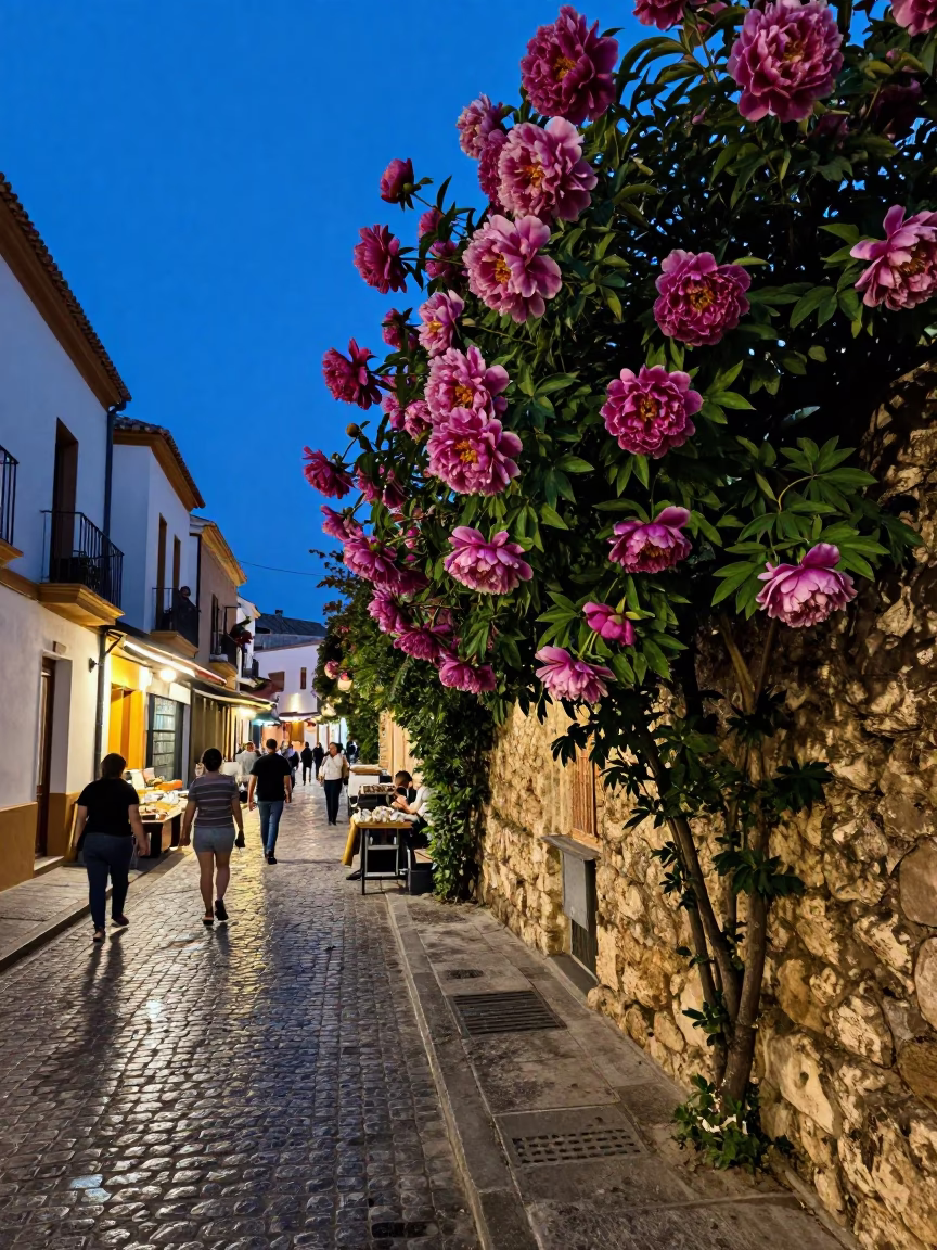 Indigo Twilight Street Scene in Valencia Spain with Peony Bush and Stoneware Crocks in in Valencia, Spain