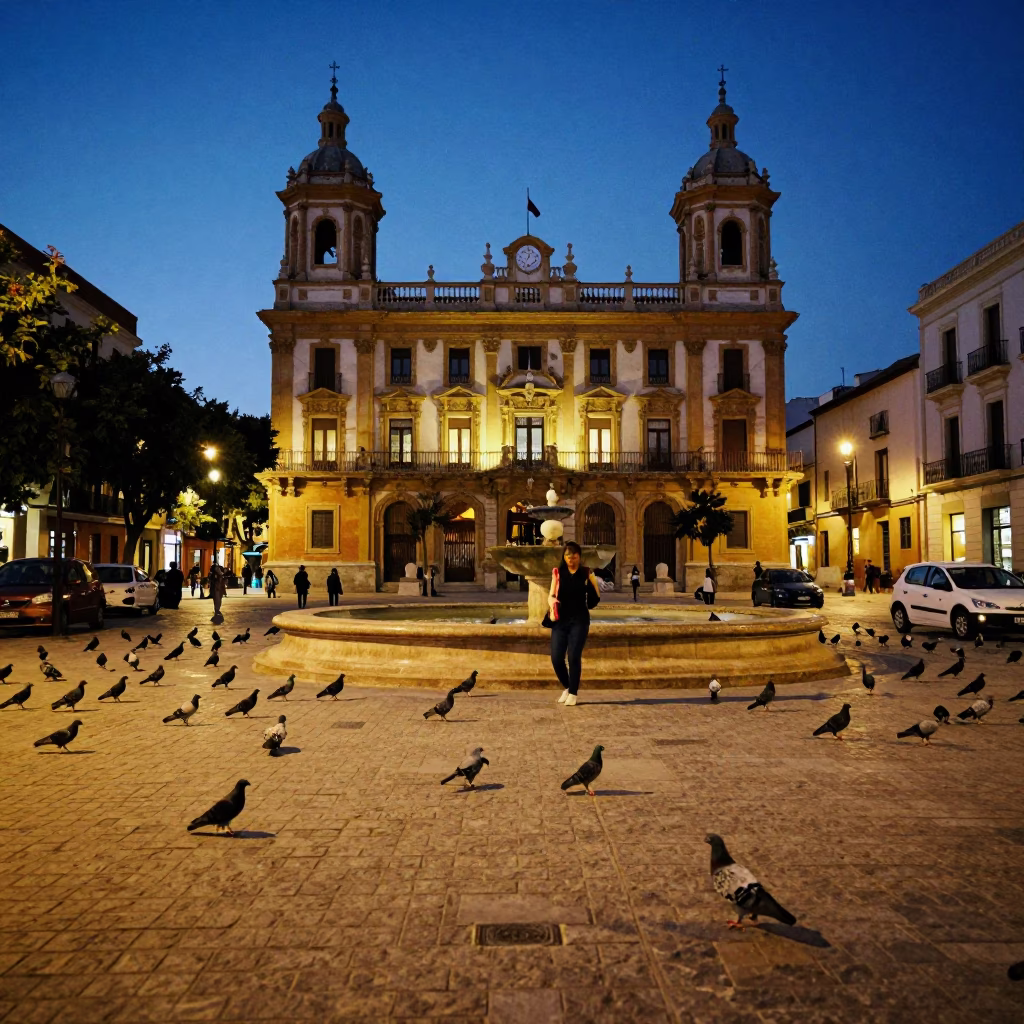 Indigo Twilight Street Scene in Valencia Spain with Pigeons and Urban Life in in Valencia, Spain