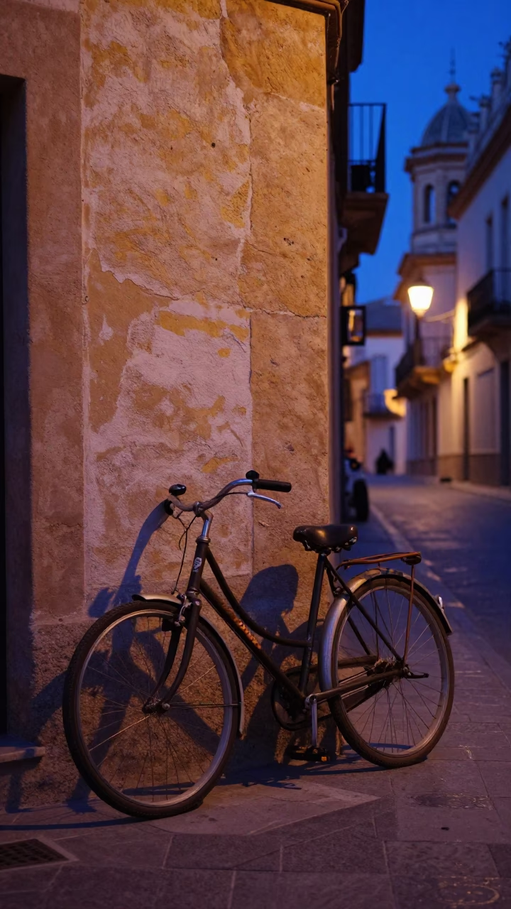 Indigo Twilight Street Scene in Valencia Spain with Vintage Bicycle and Bottle in in Valencia, Spain