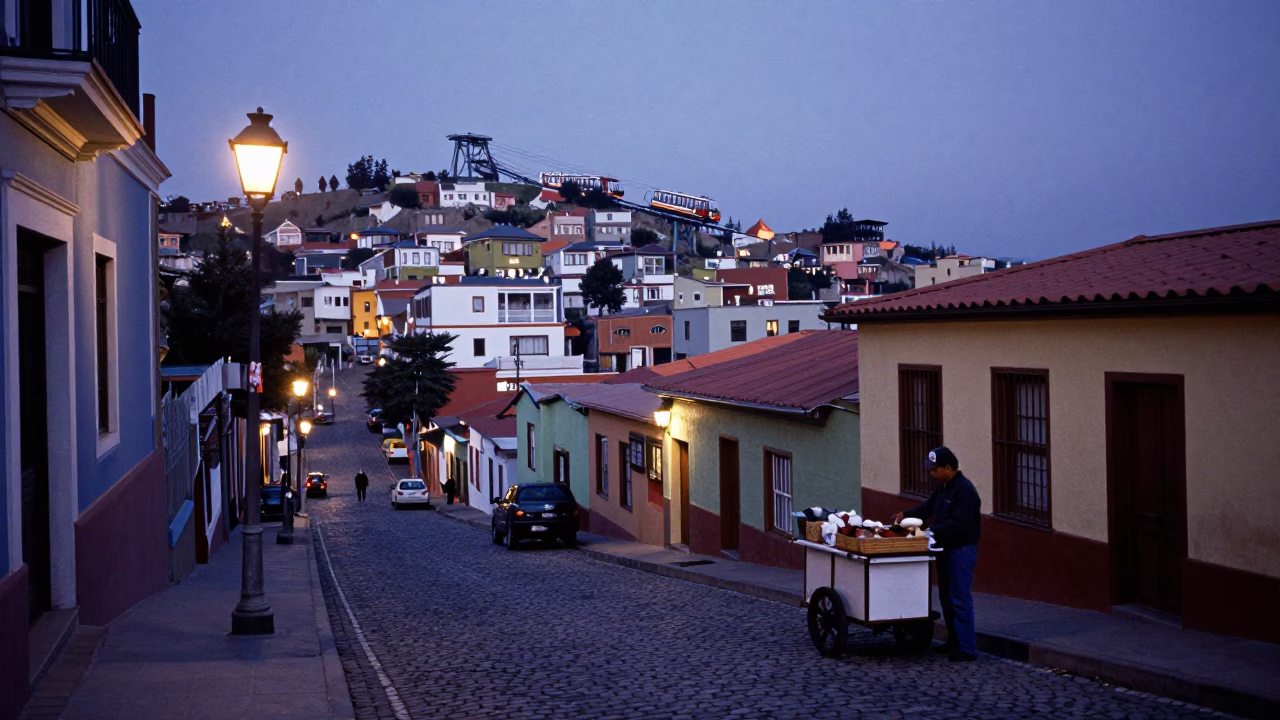 Indigo Twilight Street Scene in Valparaiso Chile with Cobblestones and Lanterns in in Valparaiso, Chile