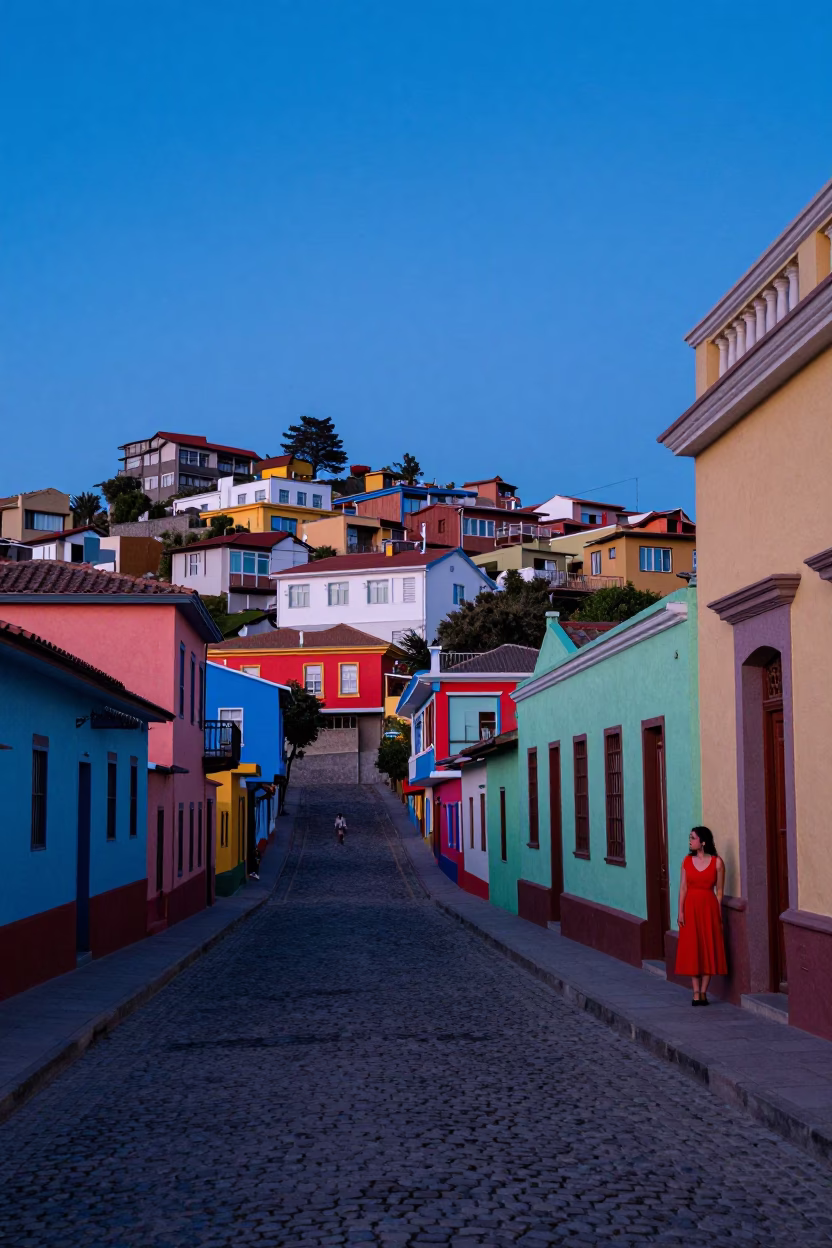 Indigo Twilight Street Scene in Valparaiso Chile with Colorful Architecture in in Valparaiso, Chile
