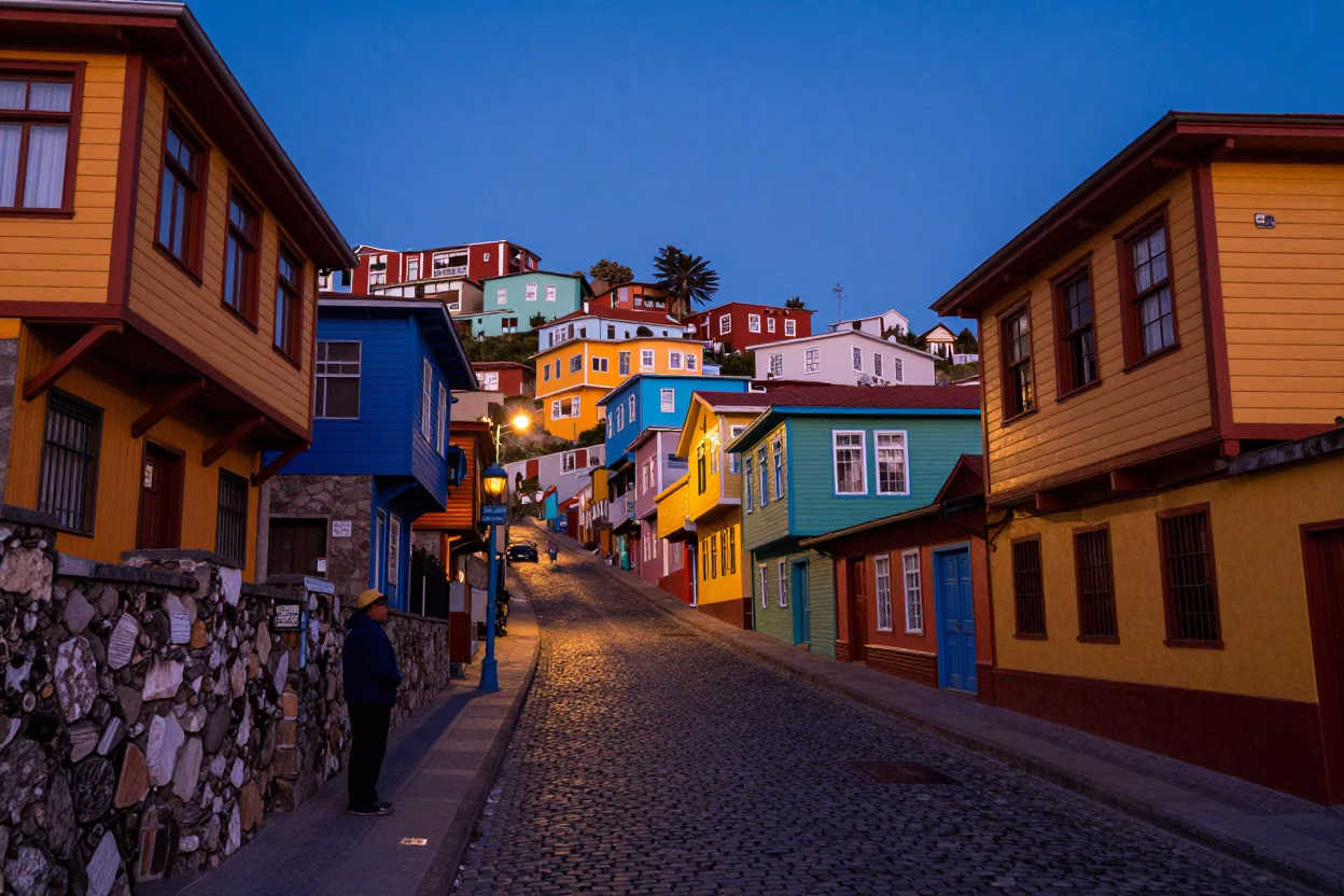 Indigo Twilight Street Scene in Valparaiso Chile with Colorful Houses and Local Activity in in Valparaiso, Chile