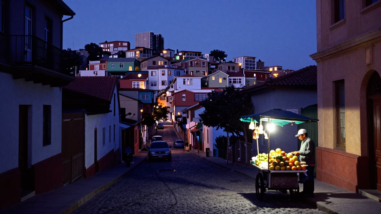 Indigo Twilight Street Scene in Valparaiso Chile with Fading Light and Urban Details in in Valparaiso, Chile
