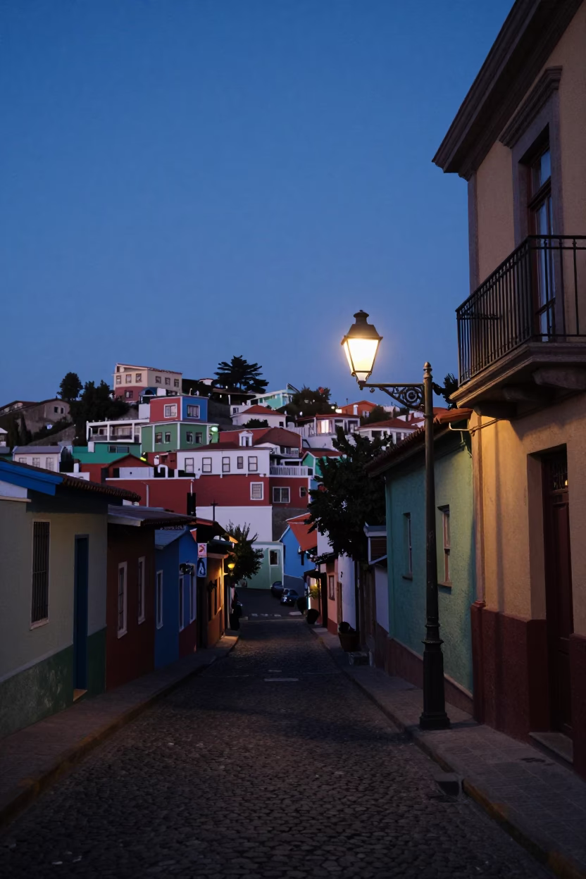 Indigo Twilight Street Scene in Valparaiso Chile with Lantern and Historic Architecture in in Valparaiso, Chile