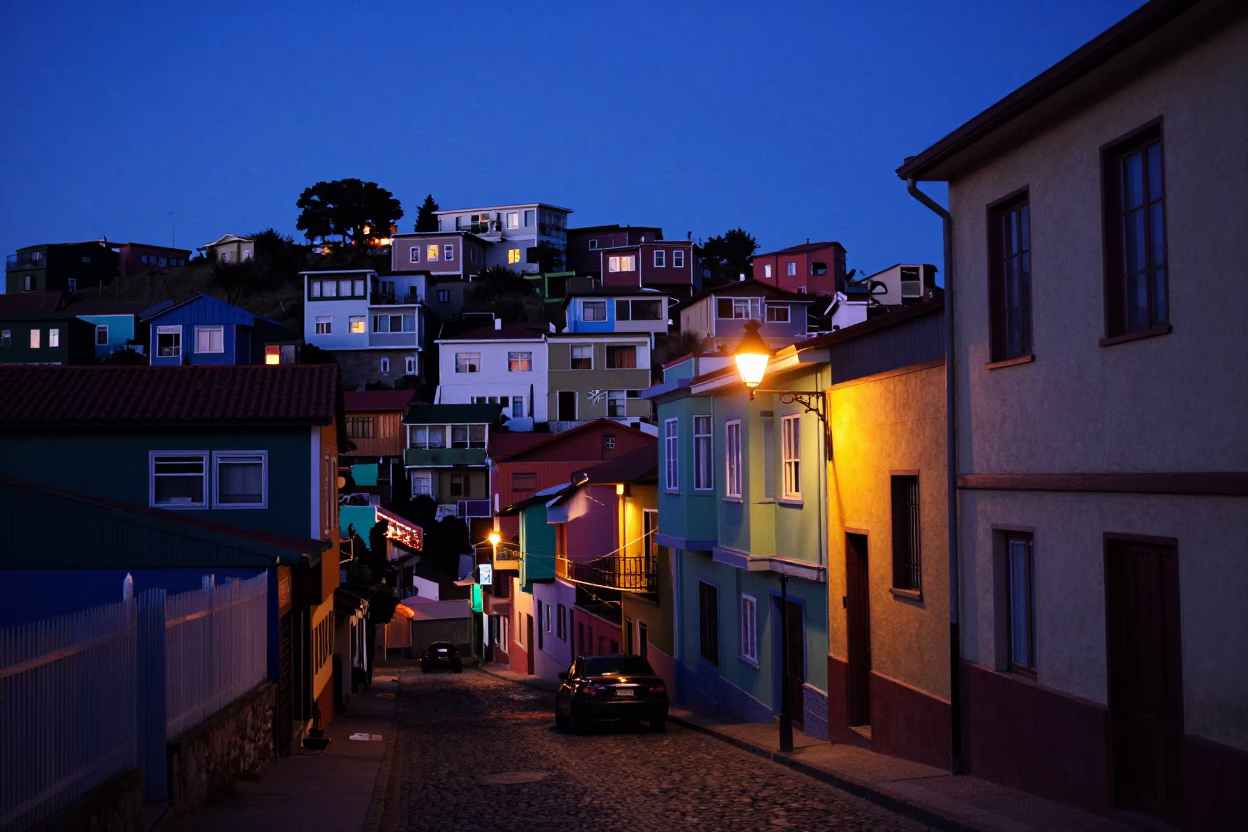 Indigo Twilight Street Scene in Valparaiso Chile with Local Objects in in Valparaiso, Chile
