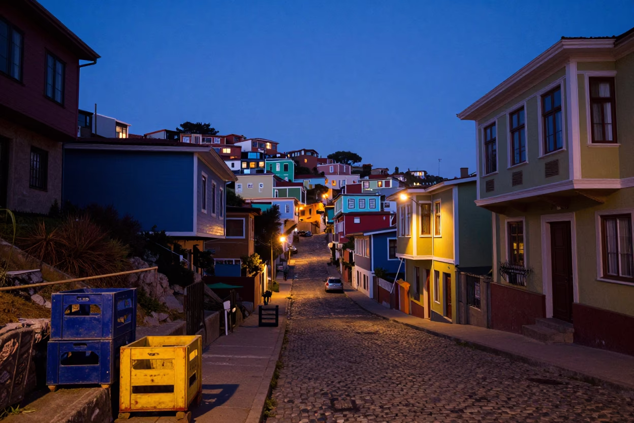Indigo Twilight Street Scene in Valparaiso Chile with Painted Crate and Latch Details in in Valparaiso, Chile