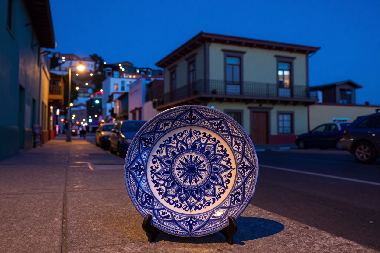 Indigo Twilight Street Scene in Valparaiso Chile with Vintage Italian Majolica Plate in in Valparaiso, Chile