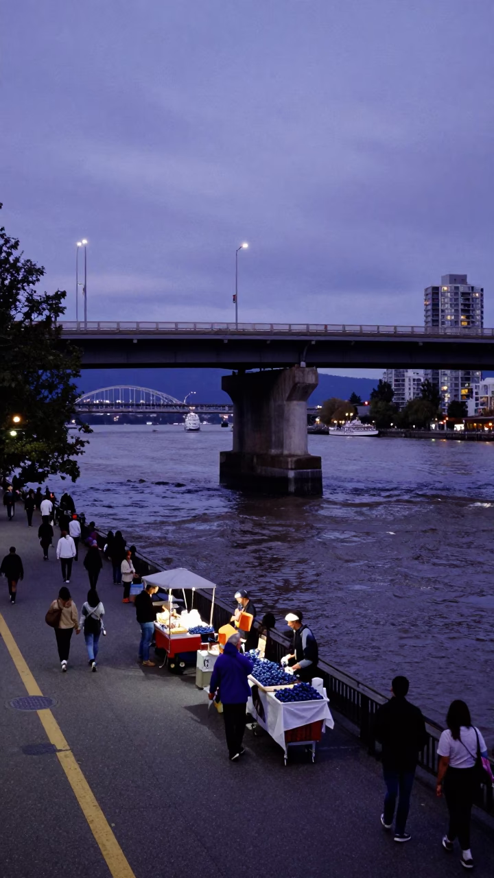 Indigo Twilight Street Scene in Vancouver British Columbia with Blueberry Vendor and Bridge Pier in in Vancouver, British Columbia, Canada