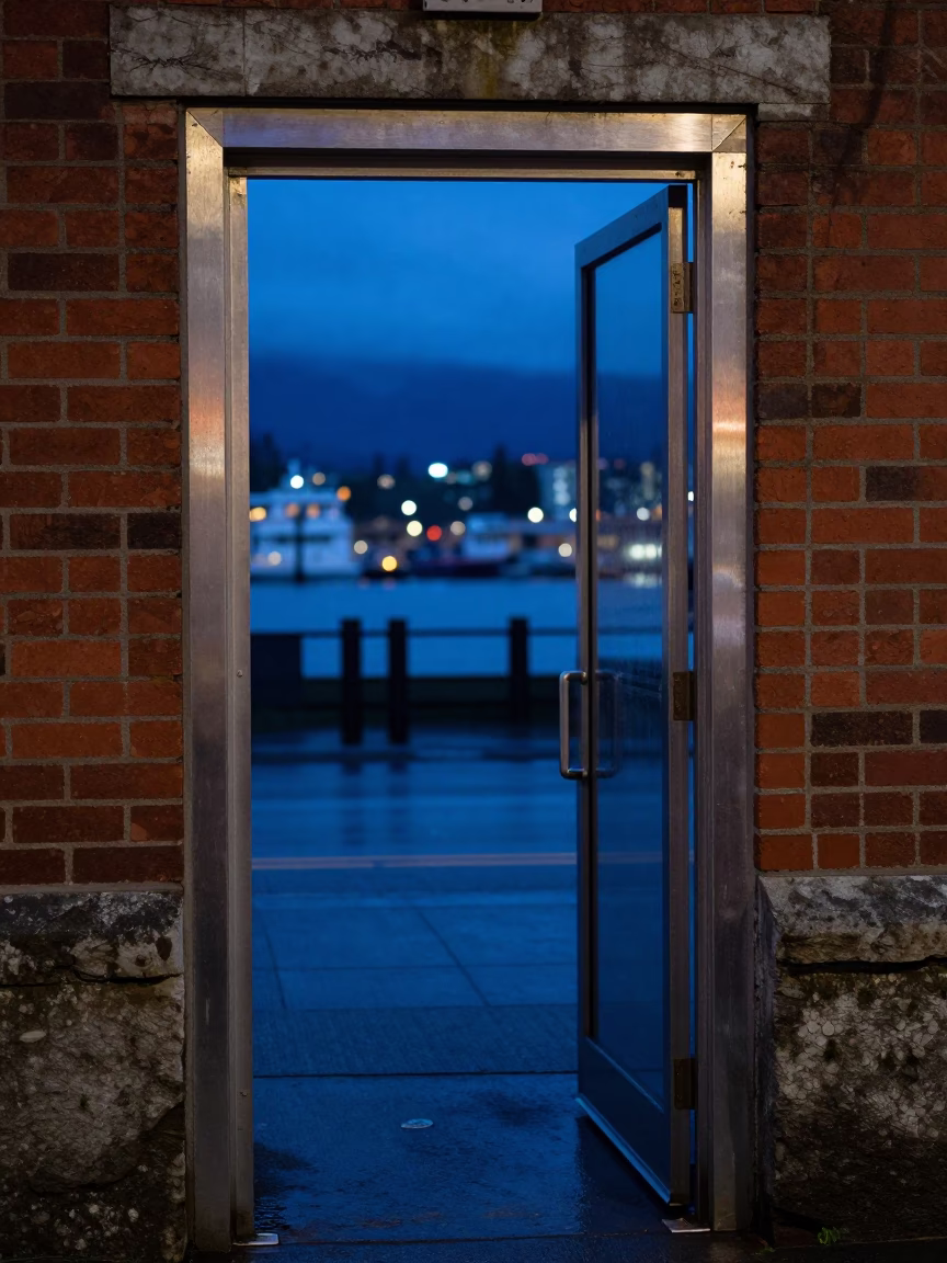 Indigo Twilight Street Scene in Vancouver British Columbia with Brushed Steel Doorframe in in Vancouver, British Columbia, Canada