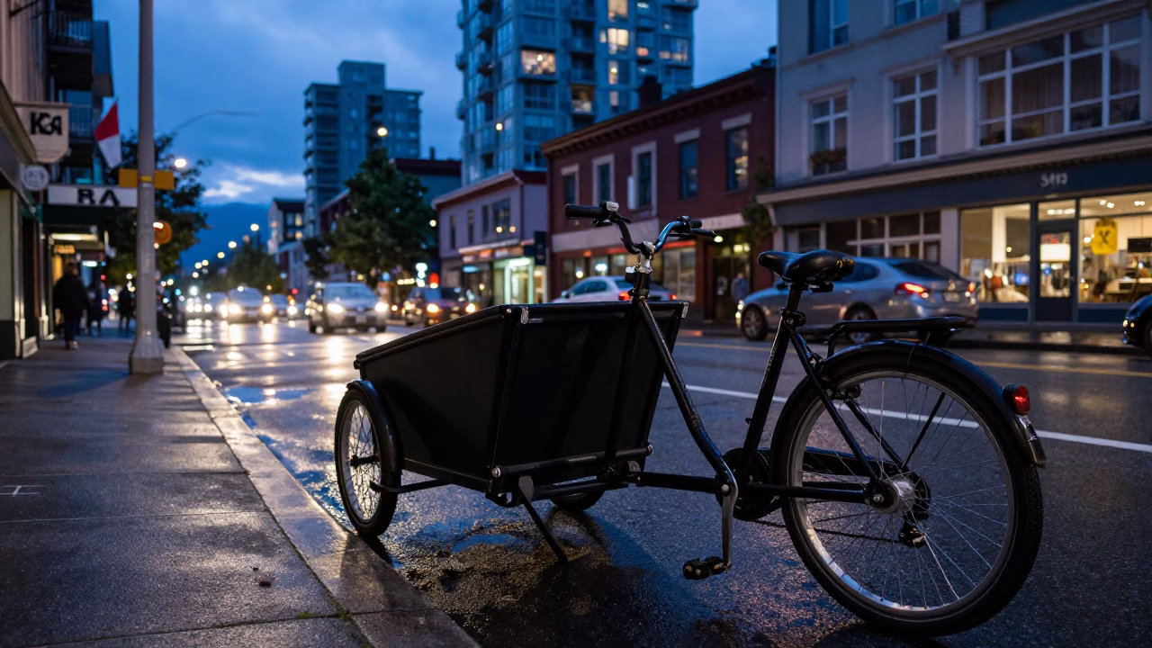 Indigo Twilight Street Scene in Vancouver British Columbia with Cargo Bicycle and Urban Details in in Vancouver, British Columbia, Canada